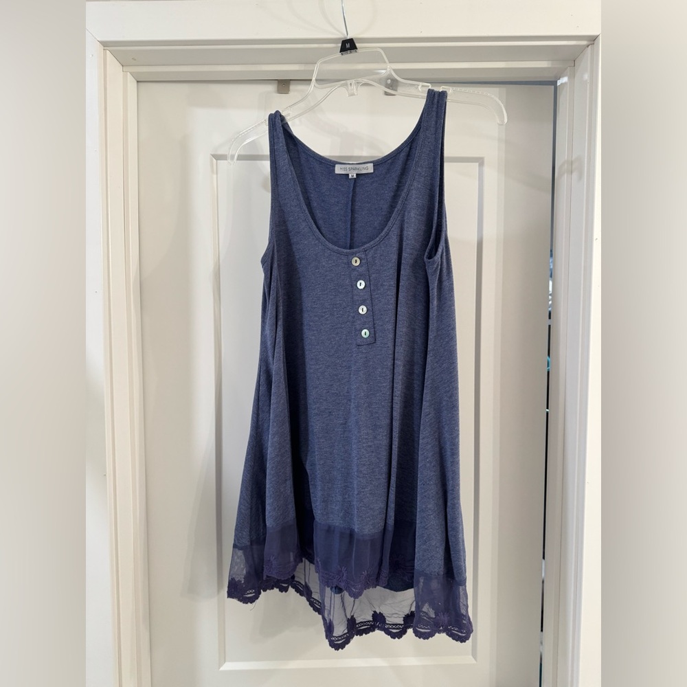 Women's Blue Sleeveless Top with Lace Trim in a Size Medium